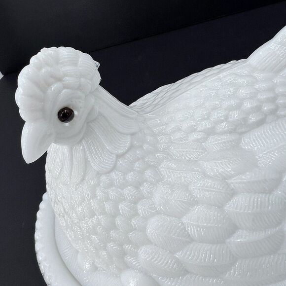 Antique Milk Glass Large Nesting Chicken Hen on Basket Covered Dish - Picture 2 of 12